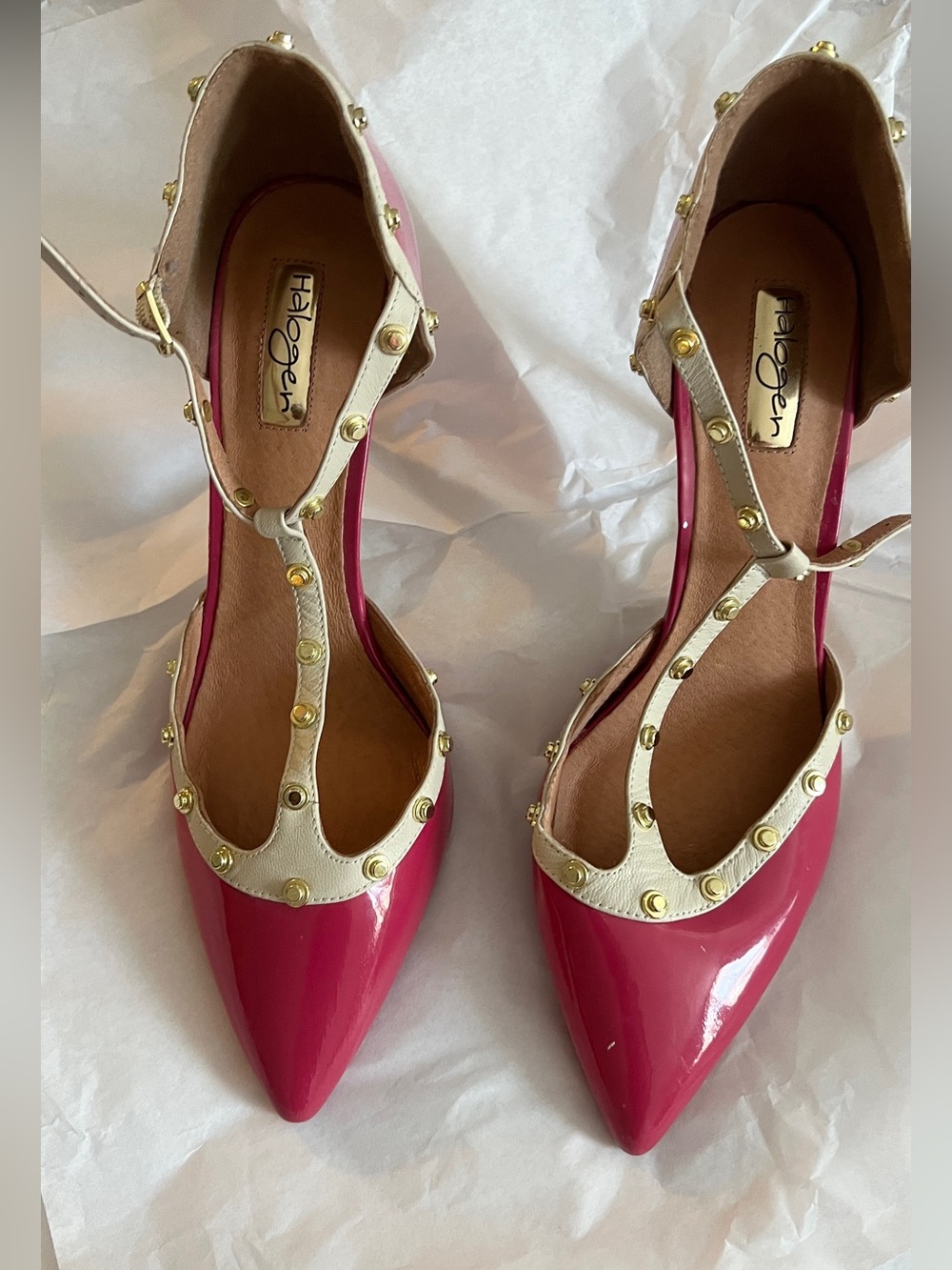 Halogen Fuchsia Pointed T-Strap Shoes with Gold Studs - Sz 10.5